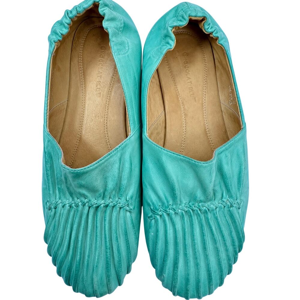 Chocolat Blu Turquoise Leather Flats Women’s Size 8 Boho Pleated Slip On Shoes